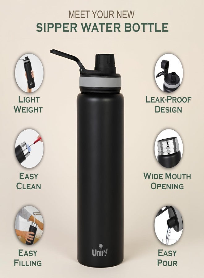 Unify 1 Piece Stainless Steel Sipper Bottle 1000ml | Leak Proof Single Wall Fridge Bottle | Easy to Carry Handle for Gym, Office, School, Travel & Trekking | Slim Design (Black, 25.5cm) - Image 4